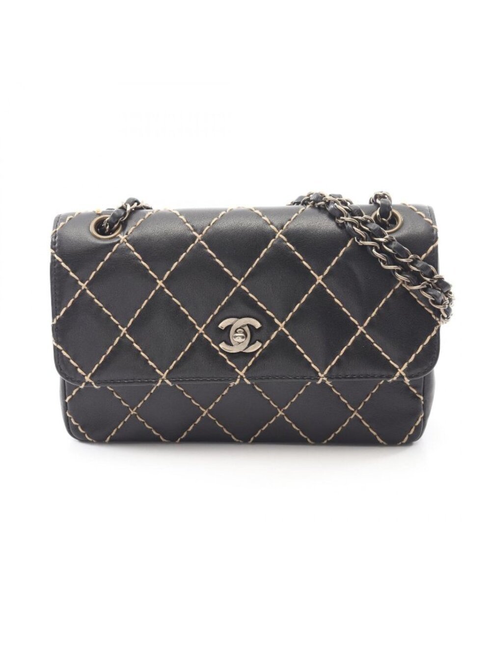 Chanel Shoulder Bag Wild Stitch Black Leather Chain